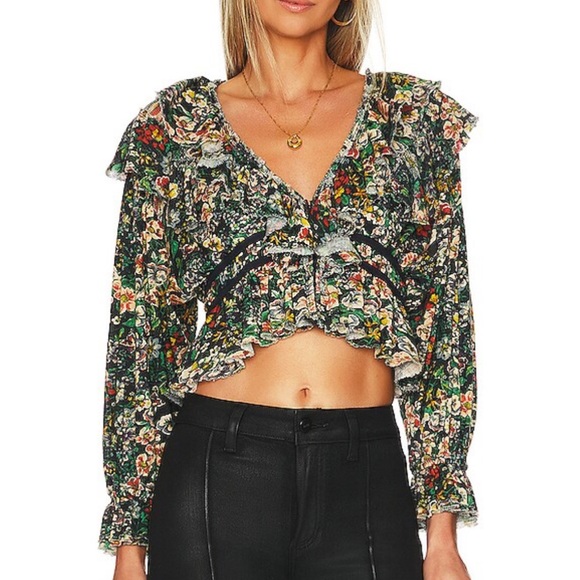 NWOT Free People Ruffle Top Sz Small in Dark Floral - Picture 6 of 12